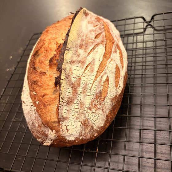 An oval sourdough loaf scored with a wheat-stalk pattern, cooling on a rack.